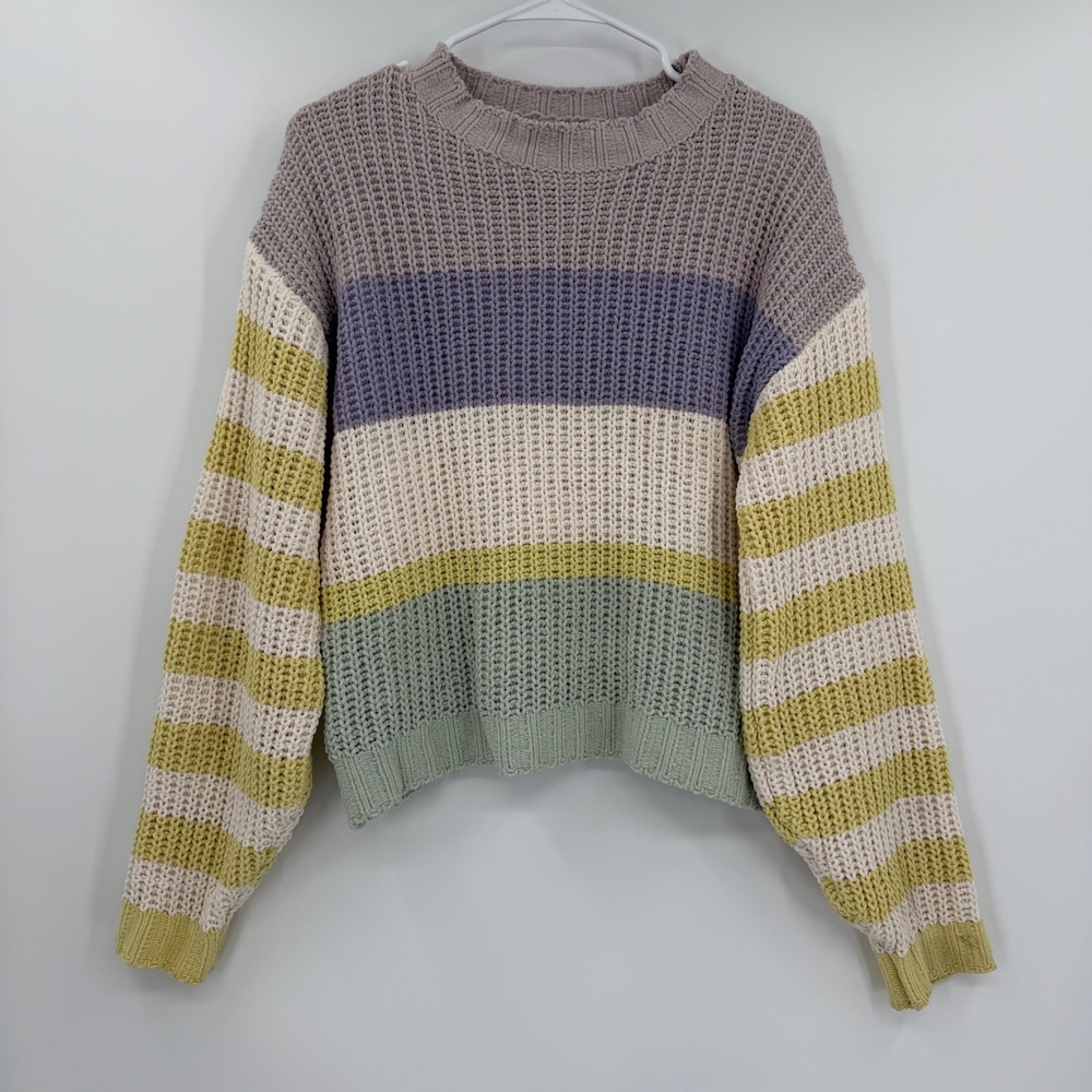 Chenille Colorblock Striped Knit Sweater Crew Neck Pastel Multi M SW9320P